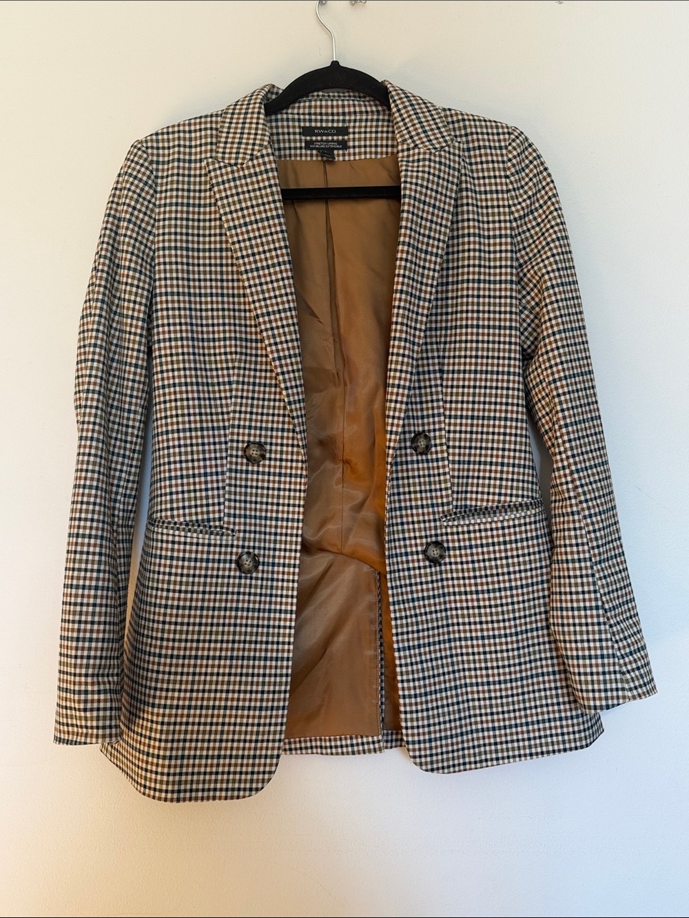 RW&CO. Tan and Black Checked Double-Breasted Blazer